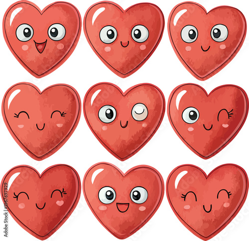 Cartoon heart characters with different expressions and emotions