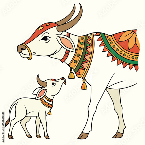Colorful rural cow artwork expressing Indian heritage with a strong maternal bond and decorative style.