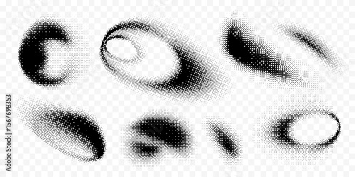 Set of soft blurry halftone monochrome gradients in various shapes. Pixelated spots, gradations with noise, grainy texture. Abstract isolated creative design elements for posters, banner print.