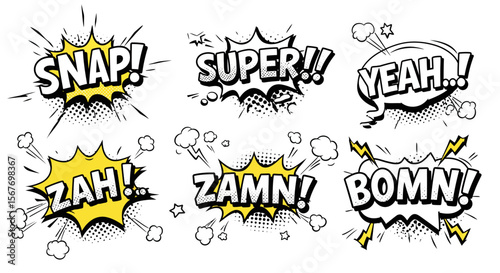 Comic book sound effects offer classic pop art elements for graphic design and creative illustration projects.