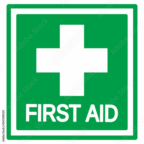First aid symbol icon. Green medical sign with white cross and FIRST AID text. Health care emergency vector illustration on white background.