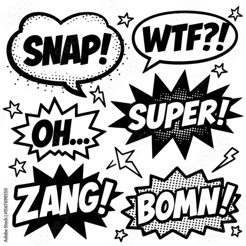 Bold comic book speech bubbles with exclamations, providing dynamic graphic elements with impact and retro appeal for designs.