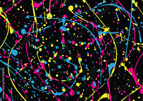 Abstract vector paint color splash on black color,purple, red, pink, and yellow splatter brush. illustration vector design background