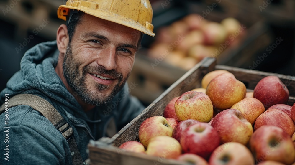 A smiling worker inspecting fresh apples in an outdoor orchard A smiling worker inspecting fresh apples in an outdoor orchard