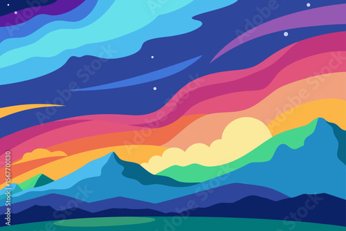 Abstract Watercolor Sky With Aurora Colors