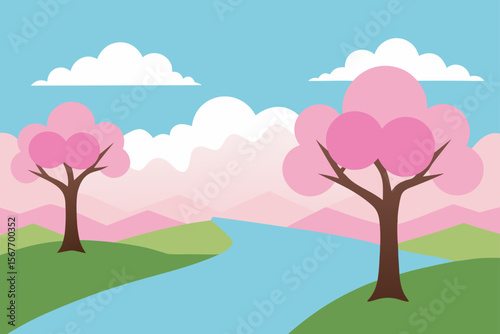 Cherry Blossom Trees By A Calm River