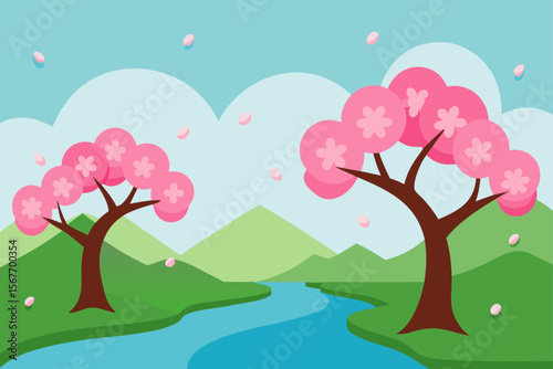 Cherry Blossom Trees By A Calm River