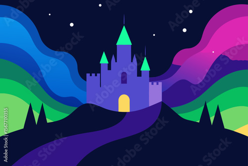 Castle Under A Colorful Aurora Sky
