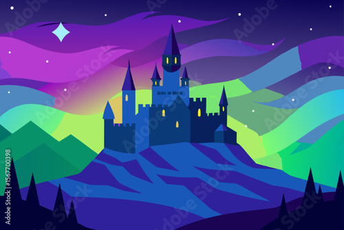 Castle Under A Colorful Aurora Sky