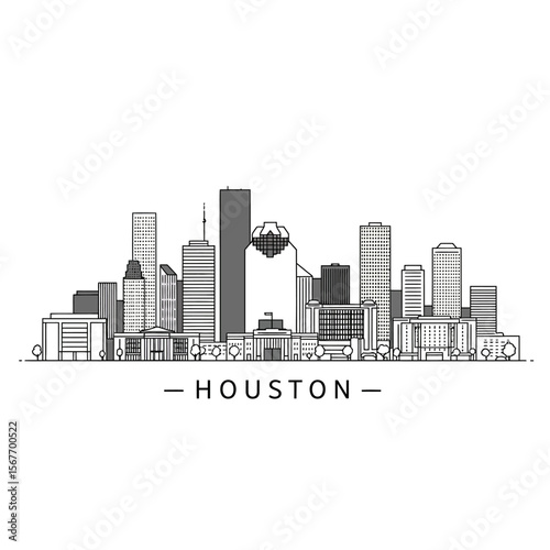 Houston Texas skyline silhouette evokes the city's architecture and urban landscape in a monochrome linear graphic style.