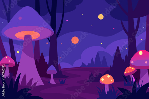 Enchanted Forest With Glowing Mushrooms At Twilight