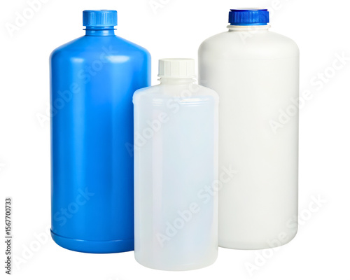 Three plastic laboratory bottles for chemical reagent storage on a transparent background