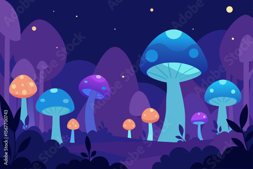 Glowing Mushrooms In Whimsical Nighttime Forest