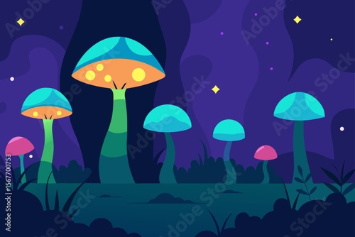 Glowing Mushrooms In Whimsical Nighttime Forest