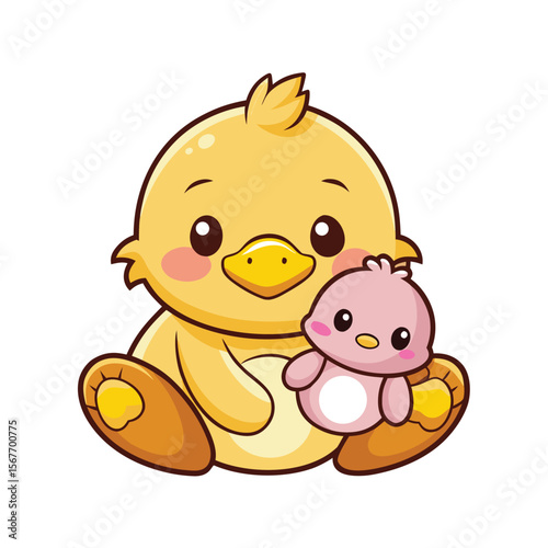 Kawaii Duckling Cuddling With A Stuffed Animal