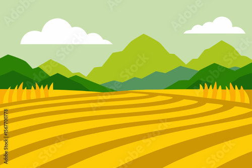 Golden Rice Fields In Watercolor Style