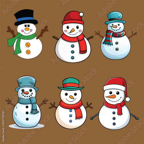 Collection of Cute Snowmen with Various Hats and Scarves