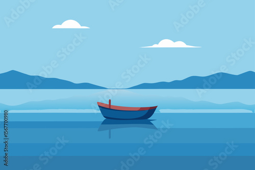 Lonely Boat on Vast Calm Lake