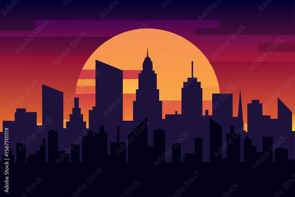 Naklejka premium Night Cityscape Silhouette A Stunning Sunset Over