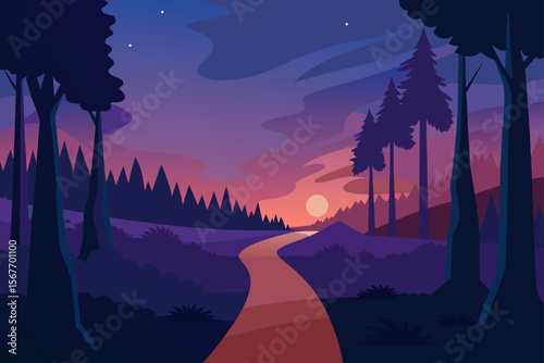 Narrow Forest Path Under Twilight Sky