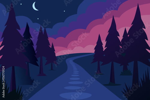 Narrow Forest Path Under Twilight Sky