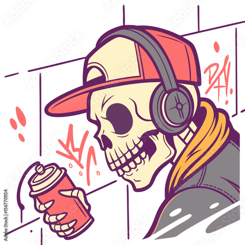 Urban Graffiti-Style Skull with Headphones & Spray Paint - Edgy Sticker Design for Street Art Lovers, Music Culture & Rebel Branding