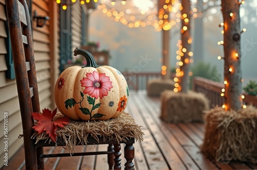 Autumn porch with painted pumpkin and hay bales under string lights