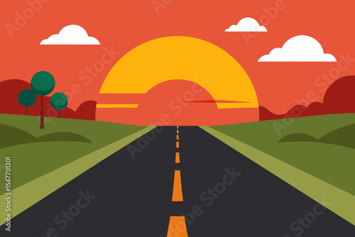 Road At Sunset Perspective View Summer Nature Landscape