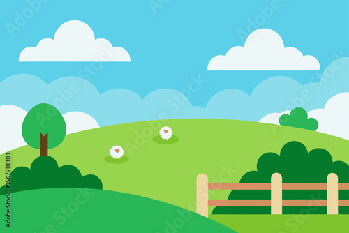 Rolling Countryside with Fence and Sheep