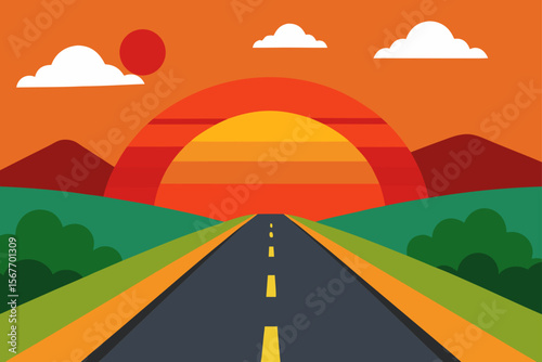 Road At Sunset Perspective View Summer Nature Landscape