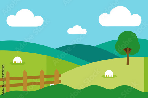 Rolling Countryside with Fence and Sheep