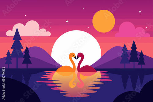 Romantic Sunset By Lakeside With Swan Couple