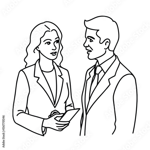 Continuous Line Art Drawing Of Business Man And Business Woman Together In Minimal Vector Style