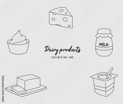Illustration isolated vector of dairy products cheese, sour cream, milk, yoghurt, butter in lineart doodle hand drawn style for menu, cafe, coloring book, asset 