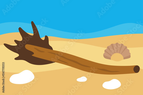 Seashells and Driftwood on Wet Sand Beach