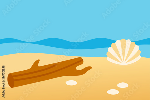 Seashells and Driftwood on Wet Sand Beach