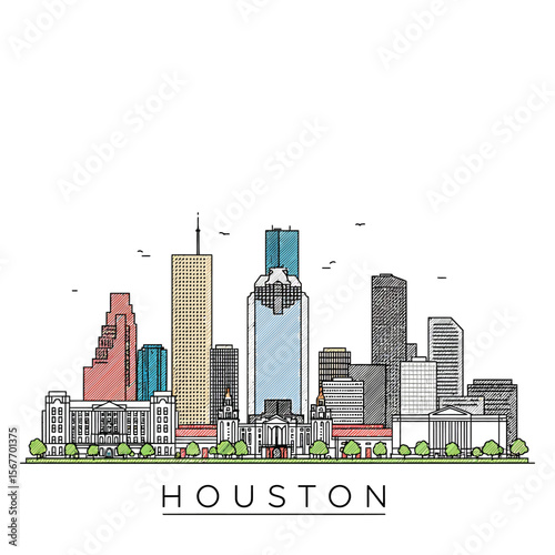 Houston skyline vector art displays a modern and colorful cityscape, a travel destination and urban landscape design.