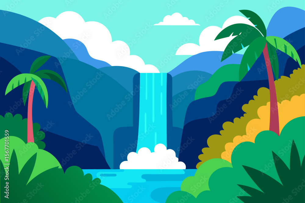 Obraz premium Serene Waterfall In Lush Tropical Paradise A Vibrant Scene