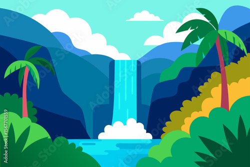 Serene Waterfall In Lush Tropical Paradise A Vibrant Scene