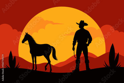 Silhouette Of A Cowboy And A Horse At Sunset