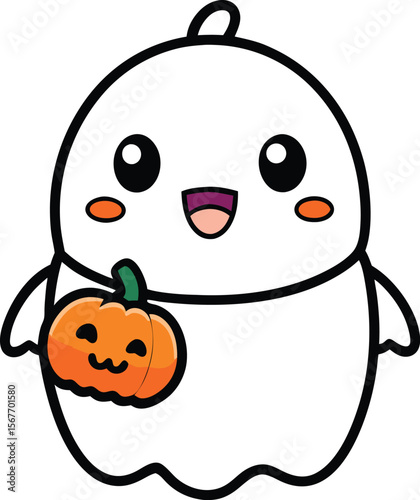 Kawaii Ghost Holding A Tiny Pumpkin Outlined Vector