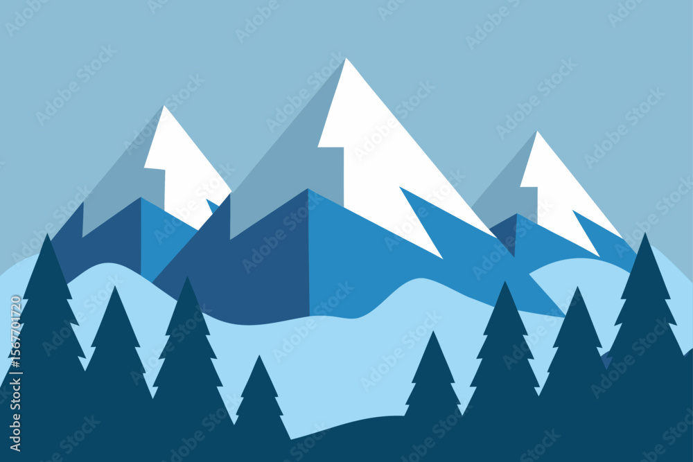 Snowy Peaks in Distance with Watercolor Trees
