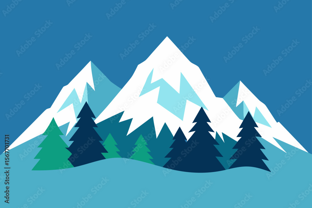 Snowy Peaks in Distance with Watercolor Trees