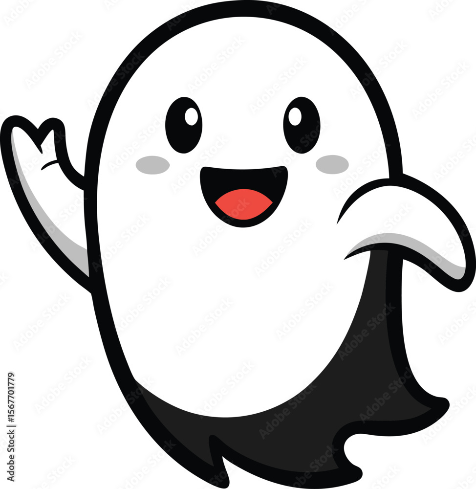 Kawaii Ghost Waving With A Happy Smile Black Vector Kawaii Ghost Waving With A Happy Smile Black Vector