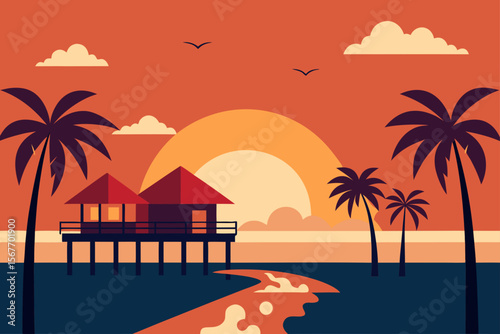 Sunset In Tropical Beach In Summer With Pier And Boat