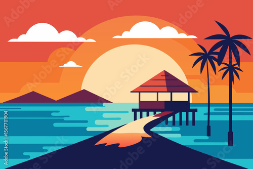 Sunset In Tropical Beach In Summer With Pier And Boat