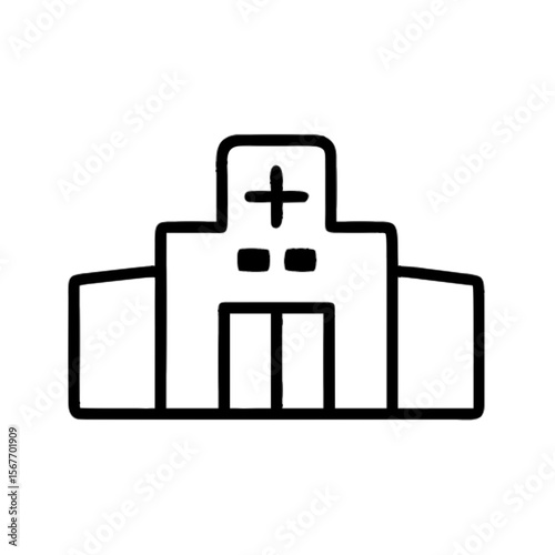 Vector illustration of a hospital building icon with medical cross symbol, outline style - healthcare, medical facilities, and health services concept 