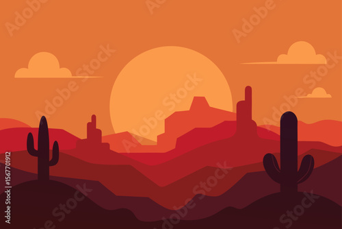 Sunset Over Desert Landscape With Canyon And Cactus