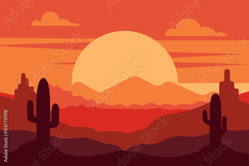 Sunset Over Desert Landscape With Canyon And Cactus