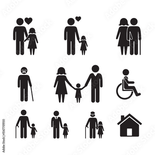 Family figures holding hands with love and elderly people with canes and a house child adult